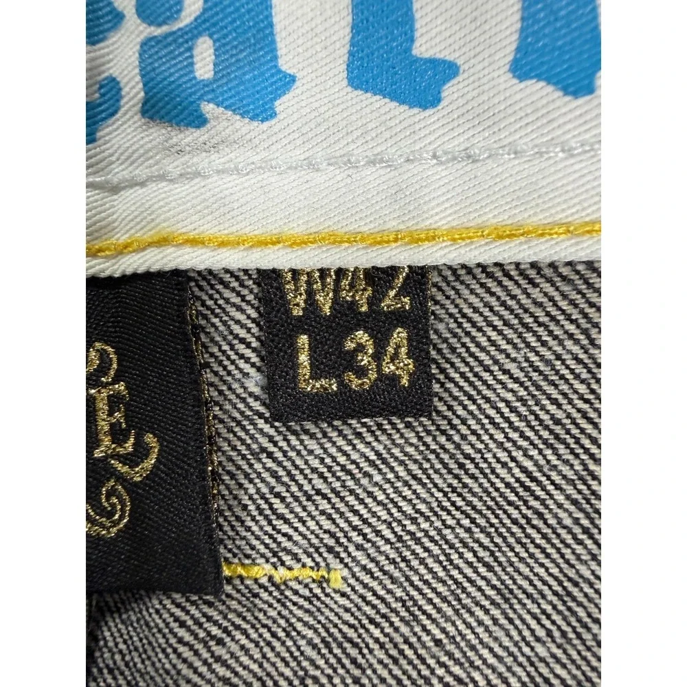 VTG Y2k Raw Blue Jeans Men 42x34 Black Denim Embroidered Embellish Skull Baggy‎